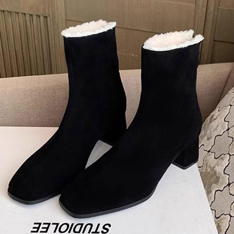 Designer Warm Plush Women Ankle Boots Fashion Square Toe High Heel Shoes Laides Comfort Cottom Shoes