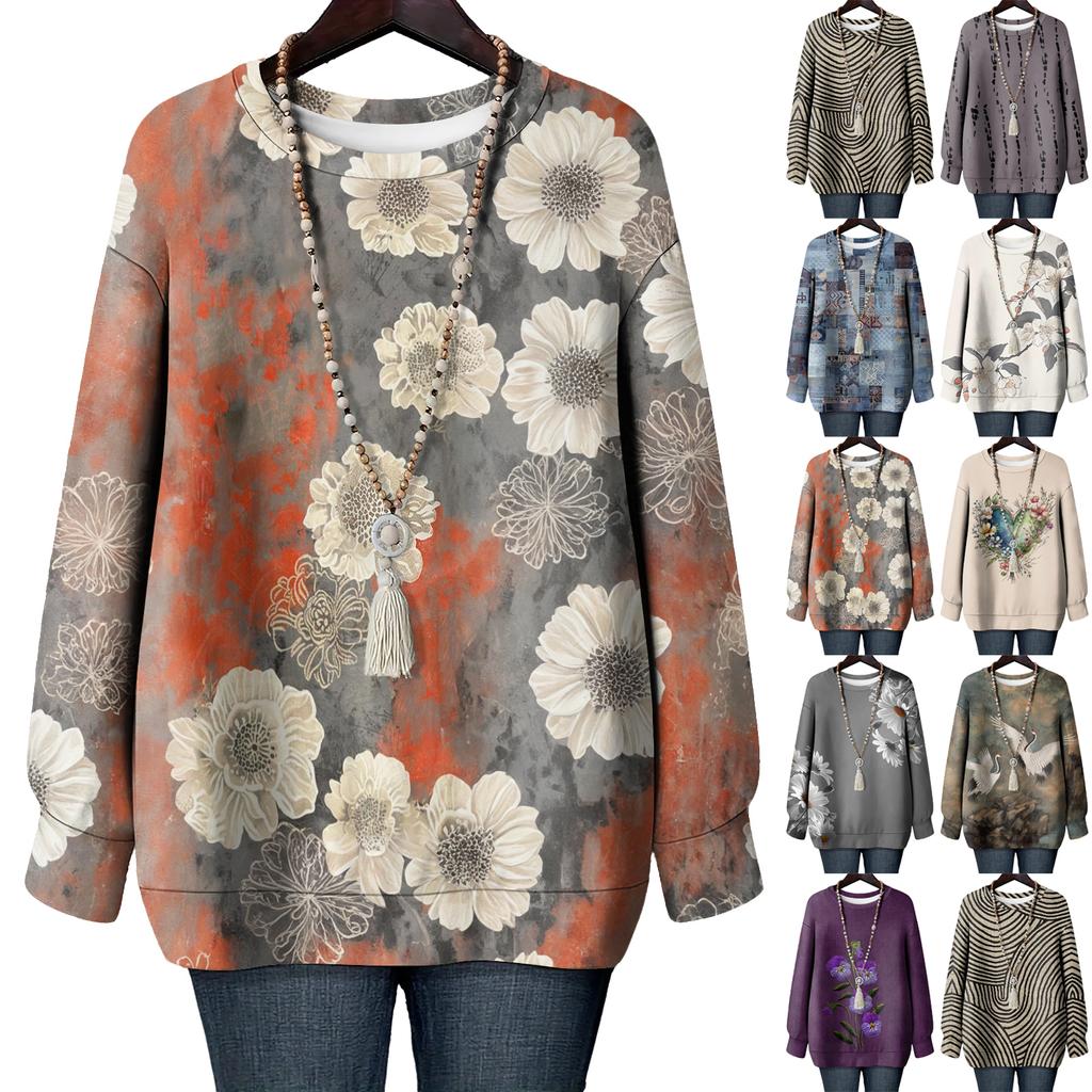 Women's Floral Print Round Neck Long Sleeved T-shirt Sweatshirt Top