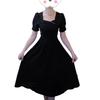 French style summer black square neck bubble sleeve dress women's large size temperament high waist A-shaped dress medium and long