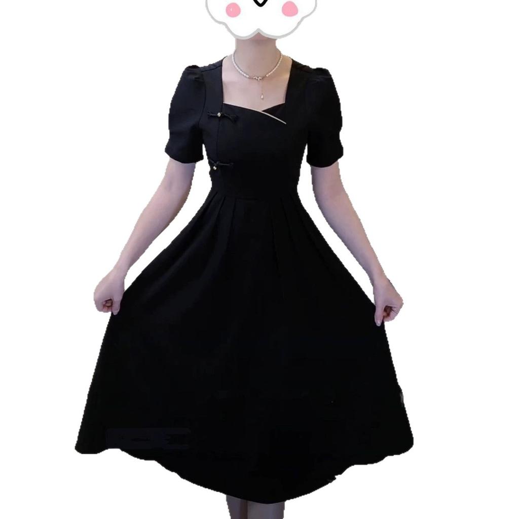 French style summer black square neck bubble sleeve dress women's large size temperament high waist A-shaped dress medium and long