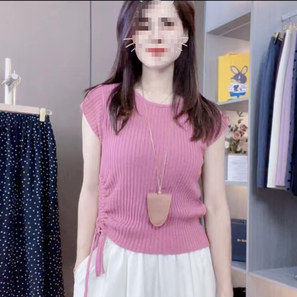 2026 Korean Style Women's Slim Fit Ice Silk Drawstring Knit Top - Short Sleeve Fashion Tee