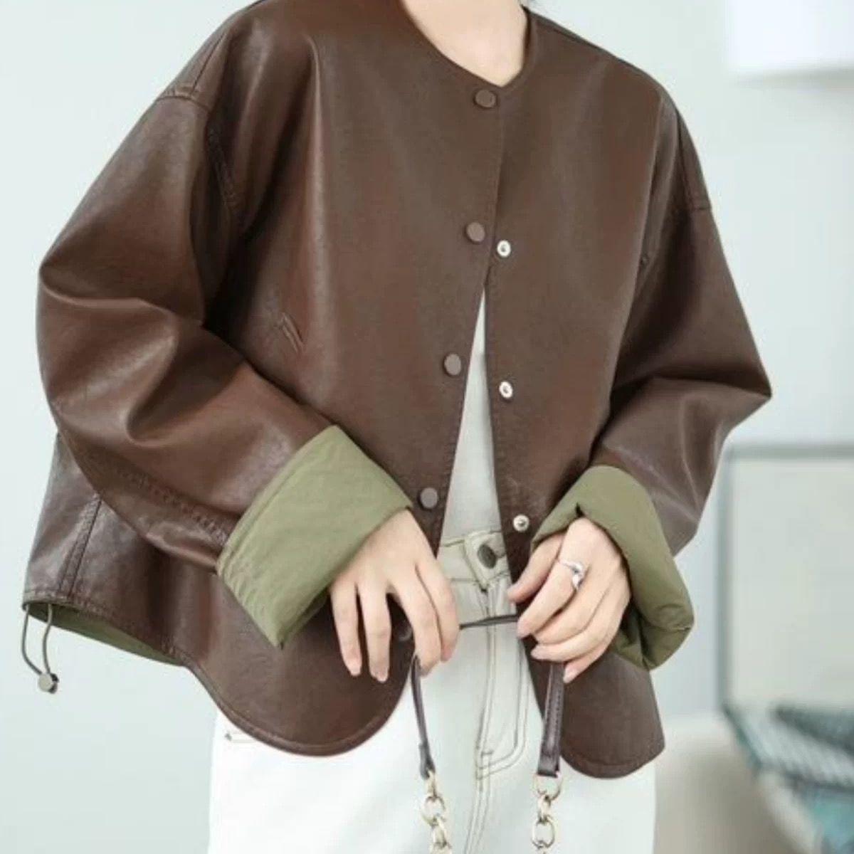 

2025 Reversible PU Leather Batwing Sleeve Jacket for Women - Spring & Autumn Round Neck L (recommended 105-120 jin) кавовий