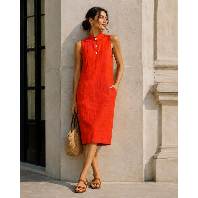Women Stand Collar Half Button Sleeveless Linen Midi Dress With Side Pockets
