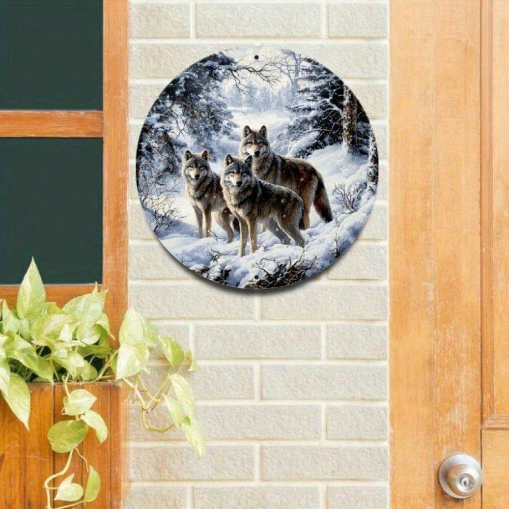 Vintage Wolf Aluminum Sign, Round Metal Wall Art Plaque for Home Bar Cafe Garden Decor