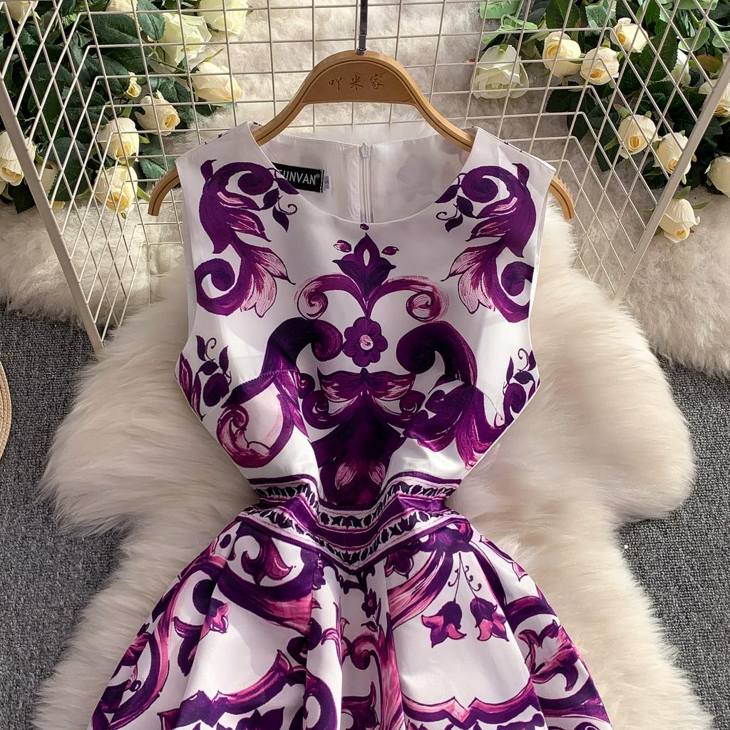 Summer Vintage Designer Print Blue White Porcelain Runway Dress Women Fashion Sleeveless Tank Midi Party Dresses