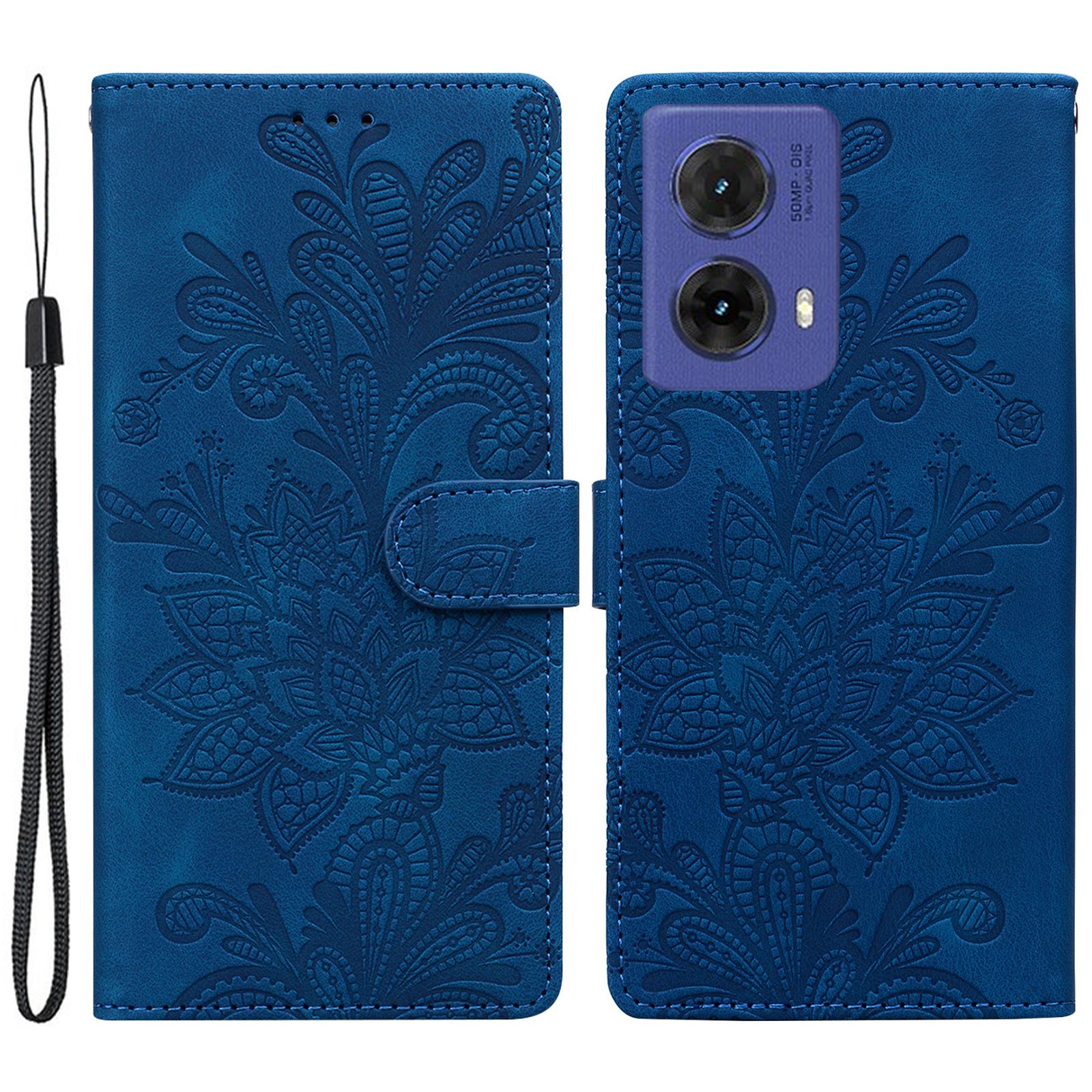 

For Motorola Moto G85 5G Case Imprinted Lace Flowers PU Leather Wallet Phone Cover Dark Blue