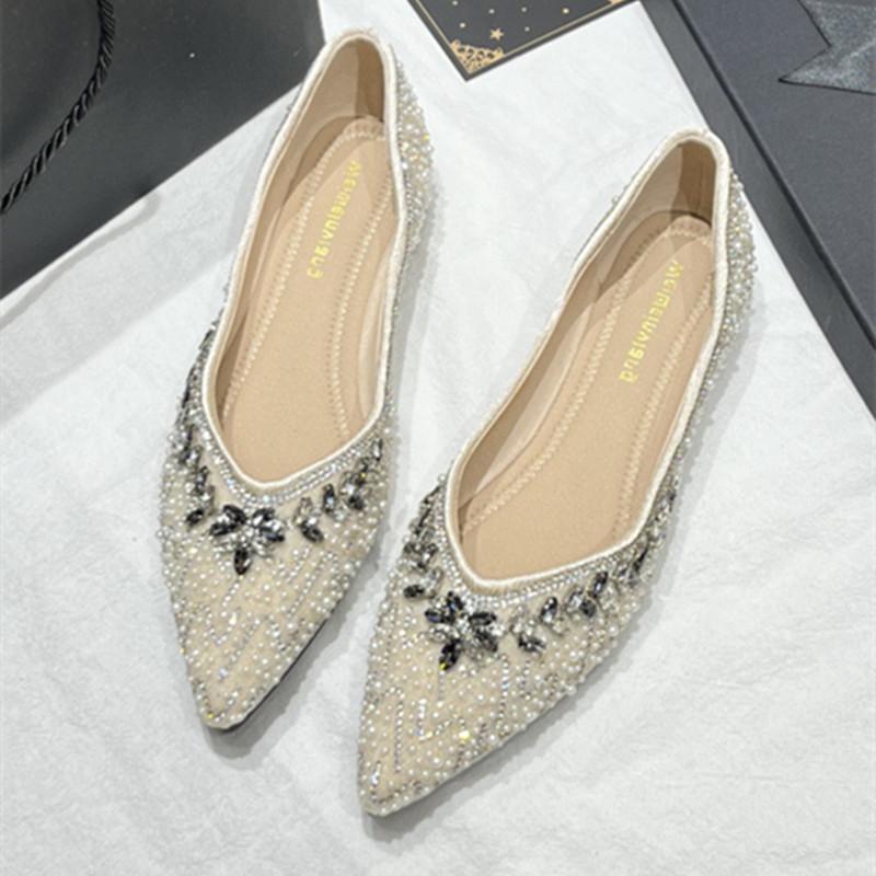 Fashion Luxury String Bead Rhinestone Brand Flat Shoes Women Comfort Square Toe Shallow Design Shoes Fashion Elegant Wedding Bridal Shoe
