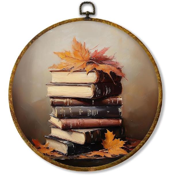 shiviody Fall Halloween Pumpkin Canvas Wall Art Decor, Autumn Halloween Hat Wall Art, Dark Moody Thanksgiving Round Hanging Frame Prints Decorations