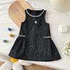 Girls Black Tweed Vest Dress Autumn Winter Sleeveless Sequin Princess Party Gown For Kids