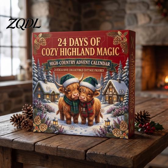Artículos de Decoración para el Hogar de Temporada 24 Días Calendario de Adviento de Vaca de las Tierras Altas 3D 2026, Lindos Ganado de Granja Regalos Únicos de Navidad para Amigos Calendario de Cuenta Atrás,