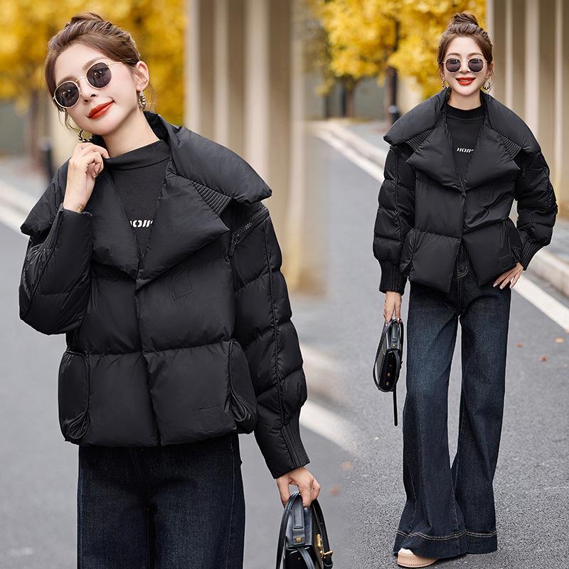

Women s Short White Duck Down Jacket with Large Lapel and Magnetic Snap - Fashionable Korean Style, Warm Coat HR198 M (90-115 jin) чорний
