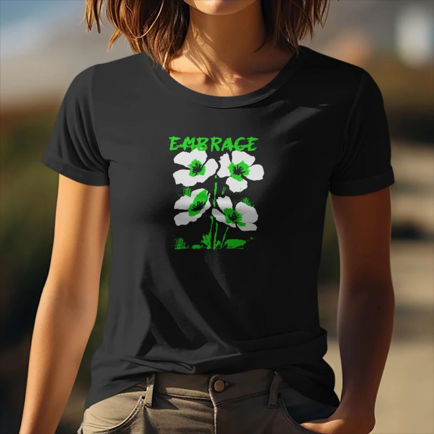 

Summer Womens Short Sleeve Cotton T Shirt Embrace Floral Print for Casual Summer Occasions Young Women with a Positive Style S чёрный