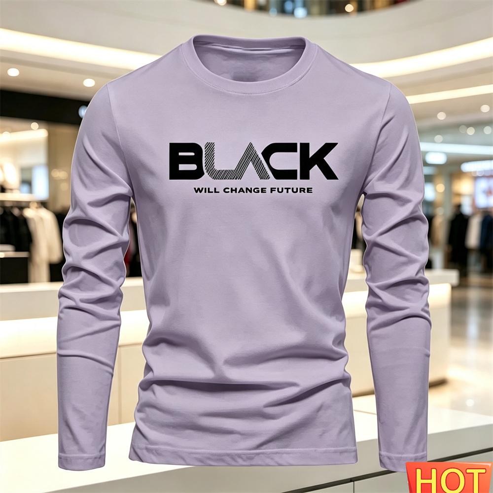 Autumn Summer Loose Tops Men's Long Sleeved T-shirt Letter Pattern Round Neck T-shirt Versatile T-shirt Fashion Men Clothing