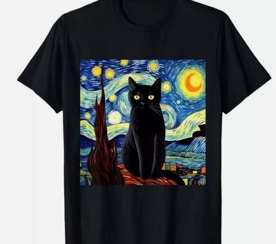 Camiseta Artística Divertida Gato Negro Pintura Artista Van Gogh Noche Estrellada