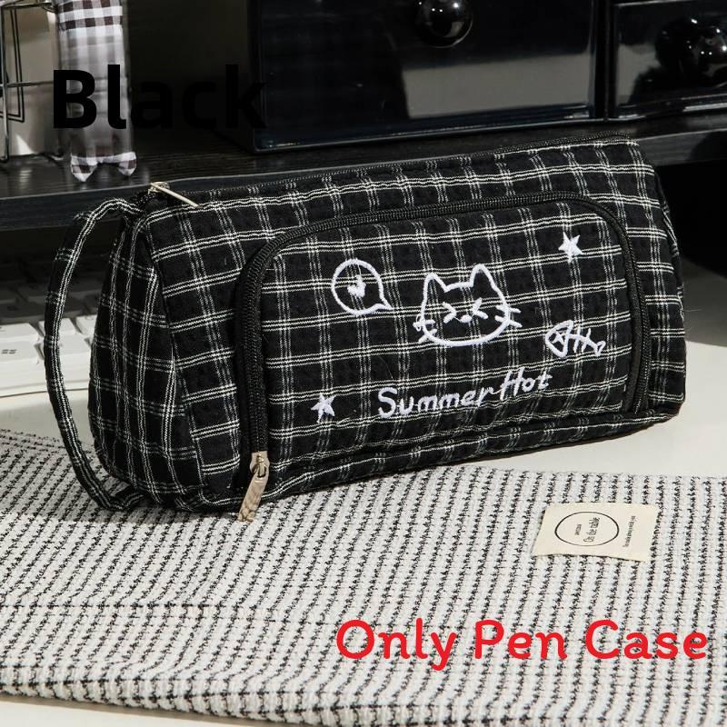 Canvas Cat Pattern Embroidered Large Capacity Pen Case With Stylish Design For Students And Office Use
