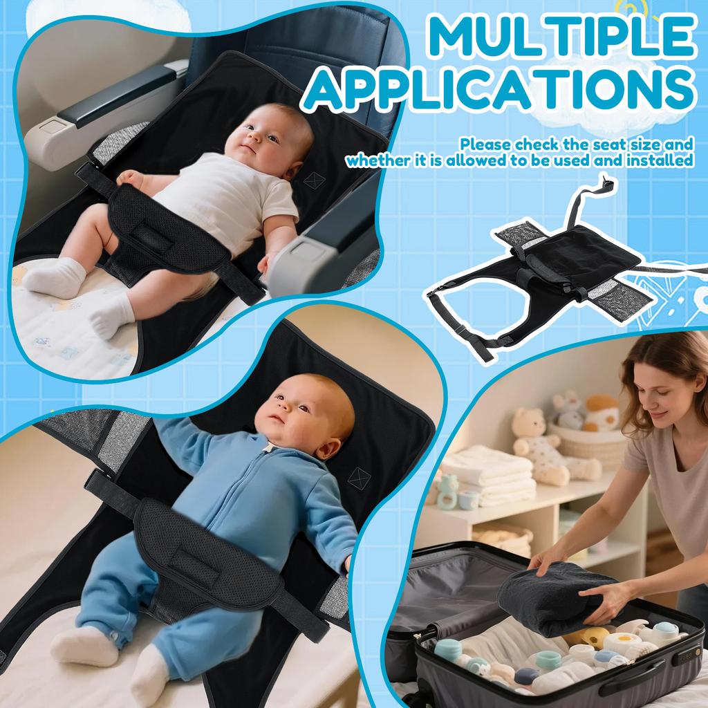 Toddler Airplane Bed Polyester Portable Baby Airplane Seat Extender with Side Mesh Pocket Comfortable Foldable Baby Air Hammock