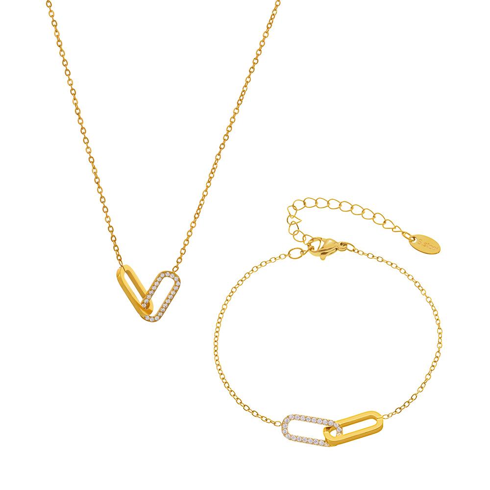 Qiong Yao Minimalist Zircon Stainless Steel Double Ring Necklace Bracelet Set - No Fading.
