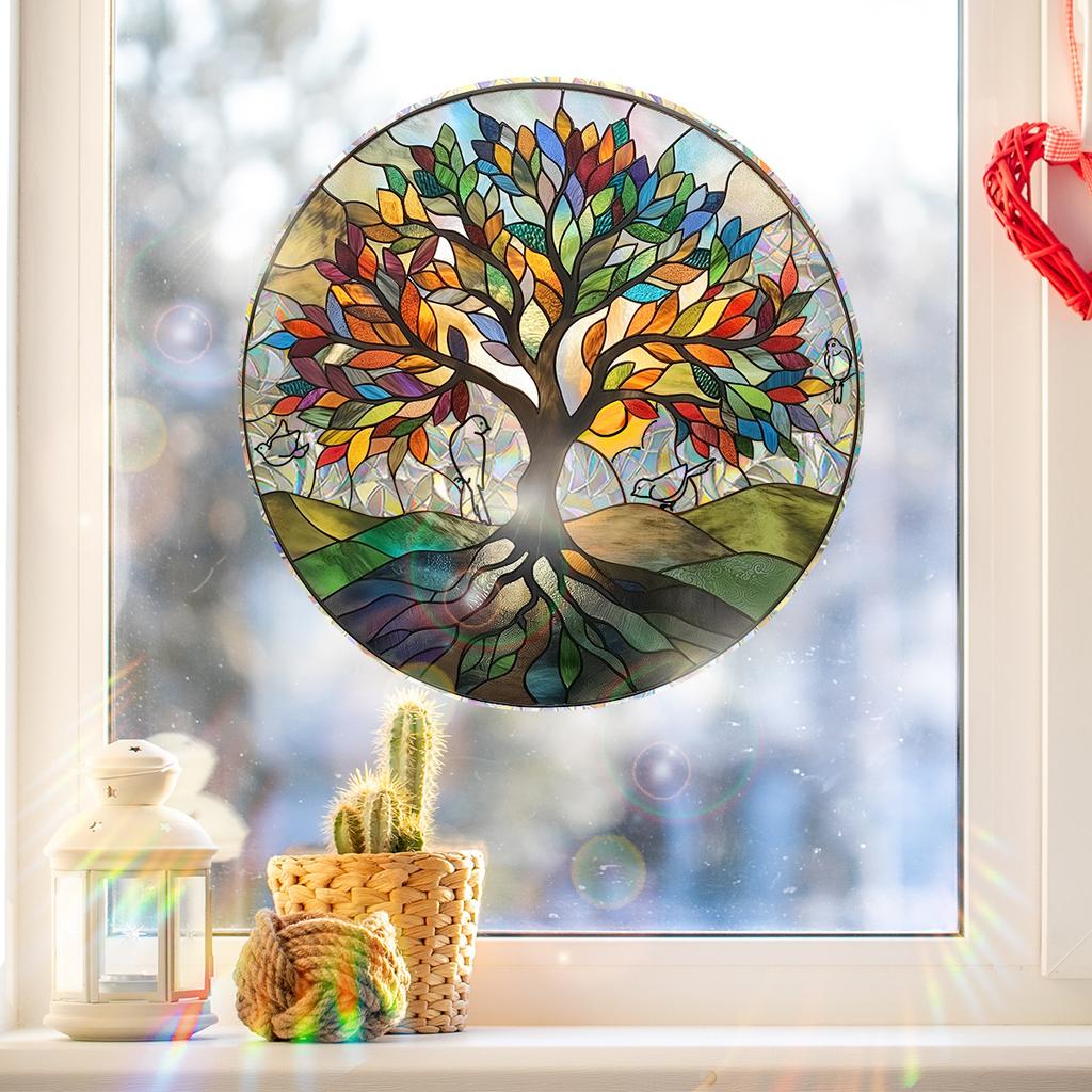 Xc3040 Redondo Cor Árvore Colorido Luz Solar Adesivo Eletrostático Impressão Dupla Face Visual Sem Cola Removível
