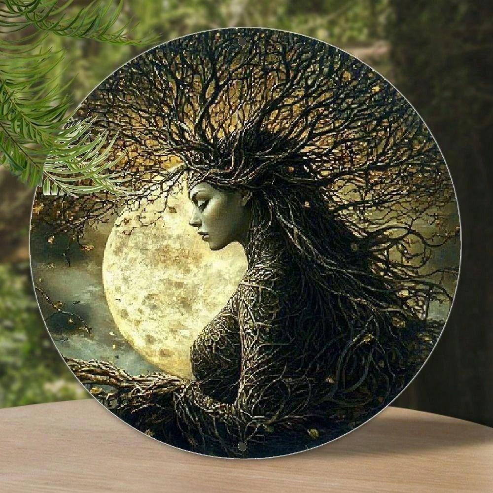 Vintage Round Metal Wall Art, Forest Goddess Moon Tree Branch Sign, Mystical Nature Home Decor for Bar Cafe