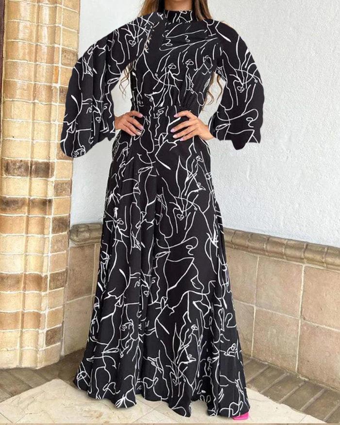 2026 Women's Elegant Waist-Cinching Long Sleeve Halter Jumpsuit with Lace-up and Print