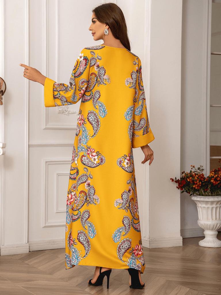 Robe Longue Musulmane pour Femmes Transfrontalière - Col Rond, Manches Longues, Florale, Design Perlé