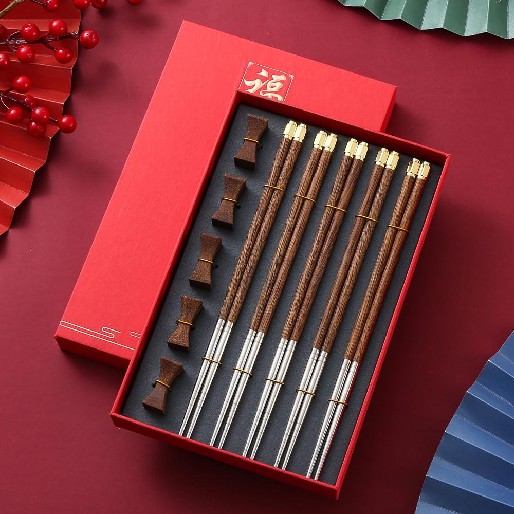 Red Sandalwood & 304 Stainless Steel Chopstick Set with Rest - Ideal for Home or Hotel