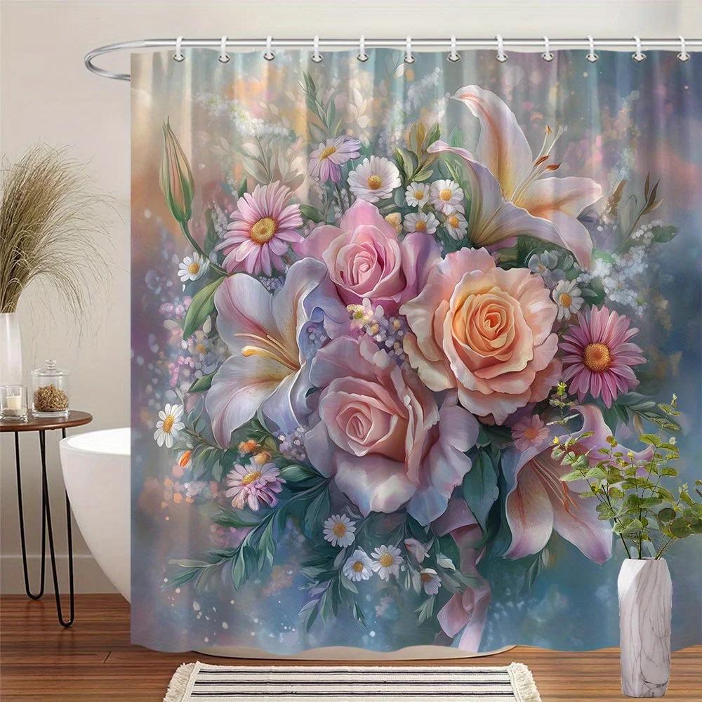 

Vibrant Floral Bouquet Shower Curtain, Pink Roses Lilies Daisies, Soft Pastel Bokeh Effect, 12 Hooks,Elegant Bathroom Decor W60H190(CM)-1 Pcs