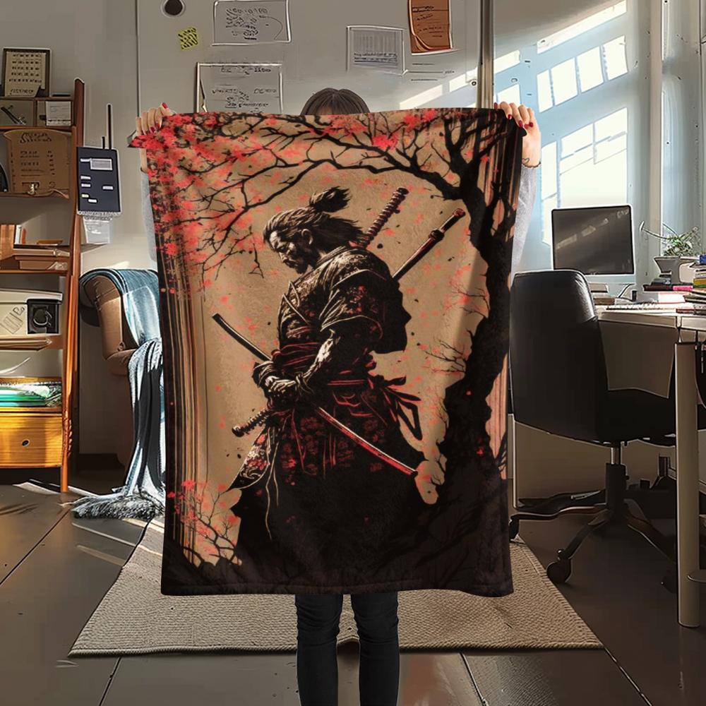 1Pc Japanese Samurai Print Flannel Blanket, High quality Comfortable for All Seasons, Home Decor, Warmth and Comfort, Perfect for Christmas Gifts