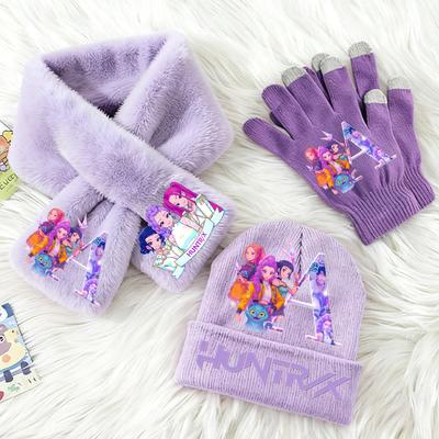3PCS KPop Demon Hunters Children Knitted Hat Gloves Scarf Set Cute Girls Winter Accessories Knit Cap Scarfs Christmas Gifts