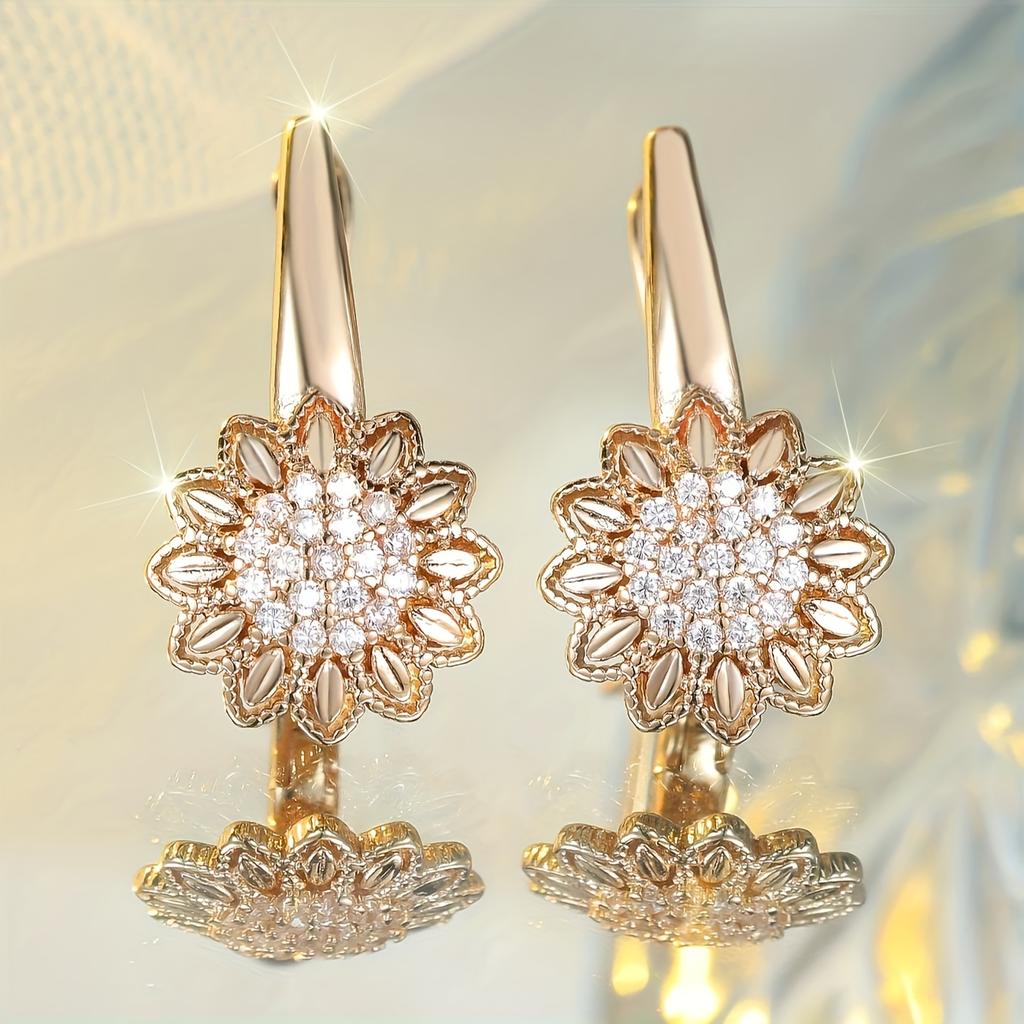 Elegant Exquisite Synthetic Zirconia Sunflower Shaped Hoop Earrings for Women Golden Plated Wedding Banquet Jewelry Gift