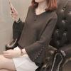 Spring and Autumn Pullover Sweater for Women, Versatile and Loose Korean Style with Beaded Sleeves Short V-neck Base Knit Sweater Trend