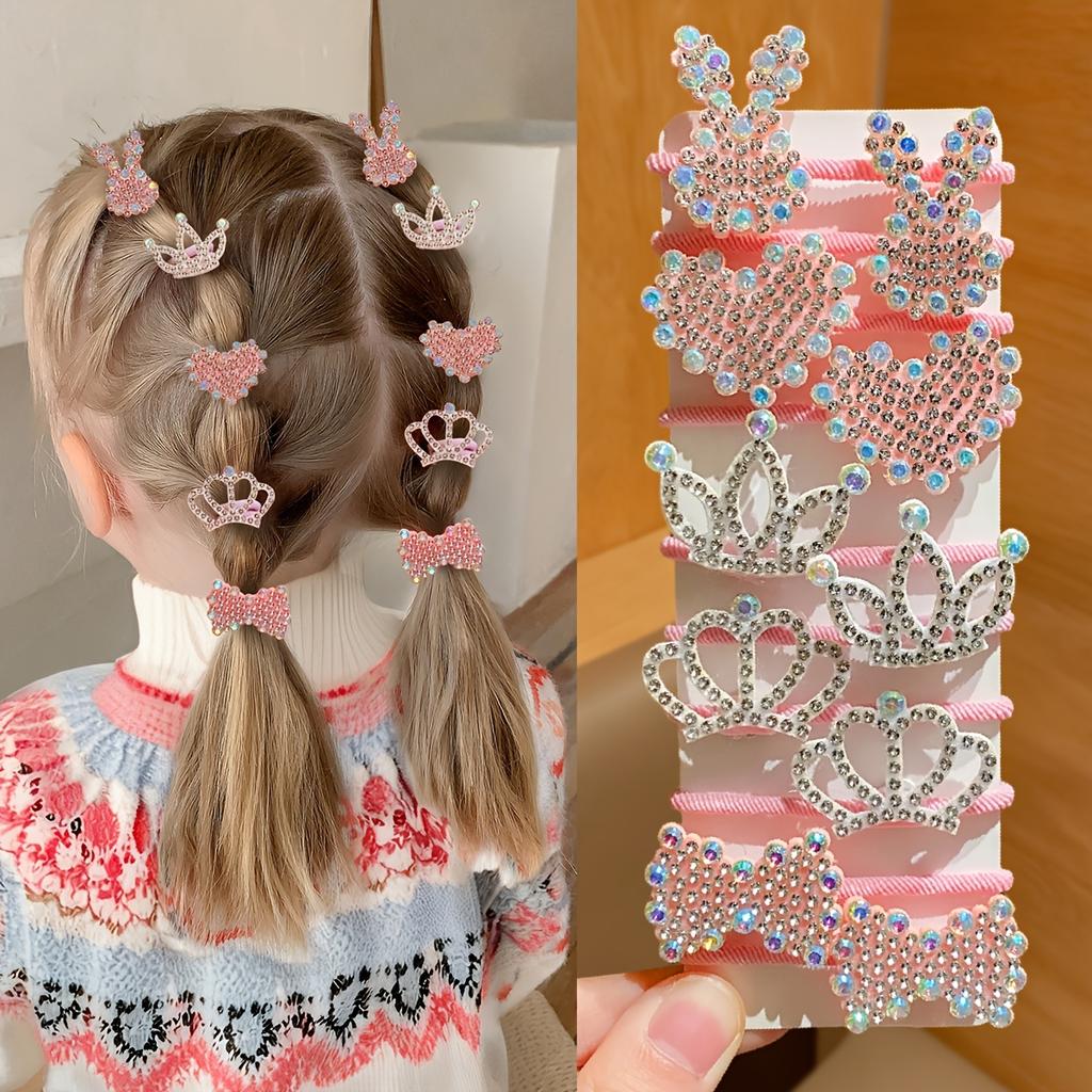 20/10pcs Girls Pink Glitter Diamond Hair Tie Bow Crown Rabbit Heart Hair Rope Cute Braided Hair Headdress