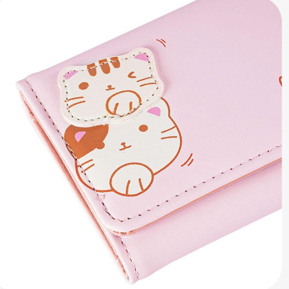 Korean Style Cat Short Wallet Solid Color Coin Purse Portable Cute Tri-Fold Purses  Female