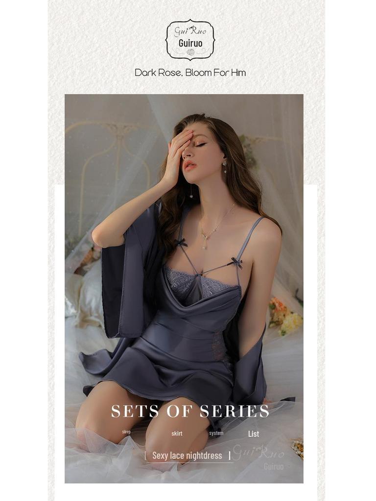 DZ Rose Satin Lace See-Through Deep V Suspender Skirt with Outer Robe Home Set