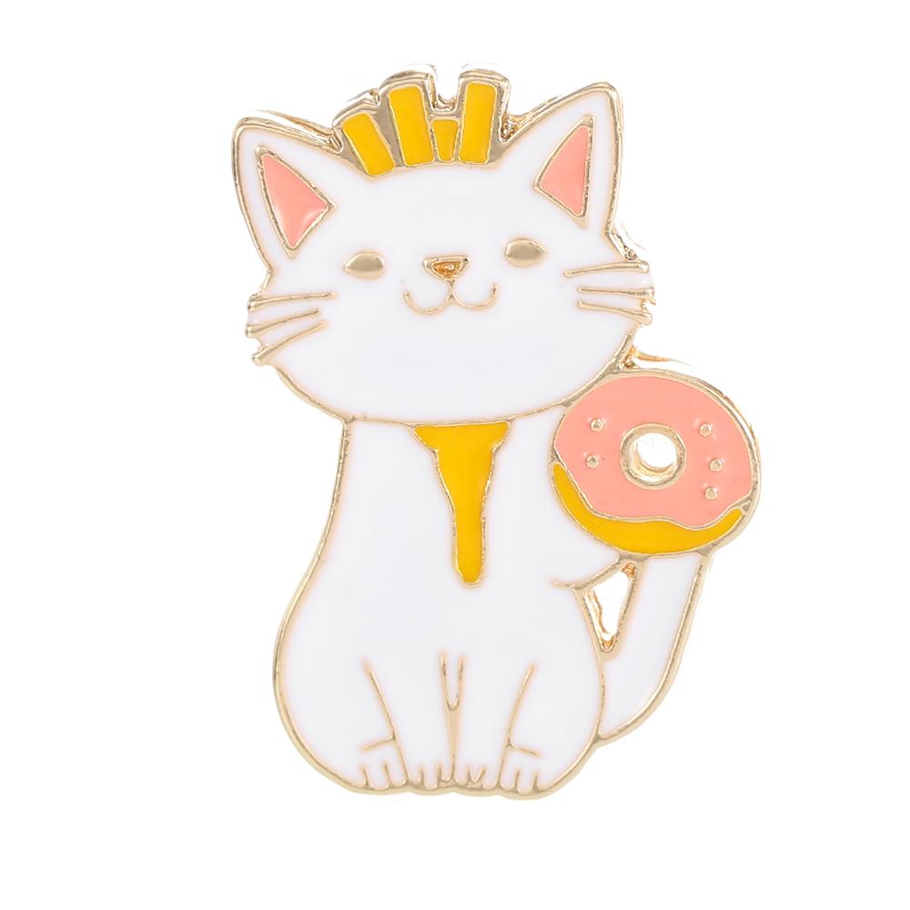 Happy Food Cats Enamel Brooches Cute French Fries Doughnut Pattern Kitten Pins For Pet Lovers Gift