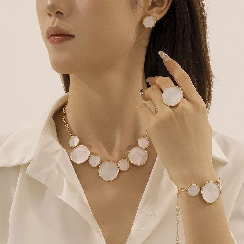 Jewelry niche design sense irregular round dripping oil white bracelet necklace stud earrings ring set