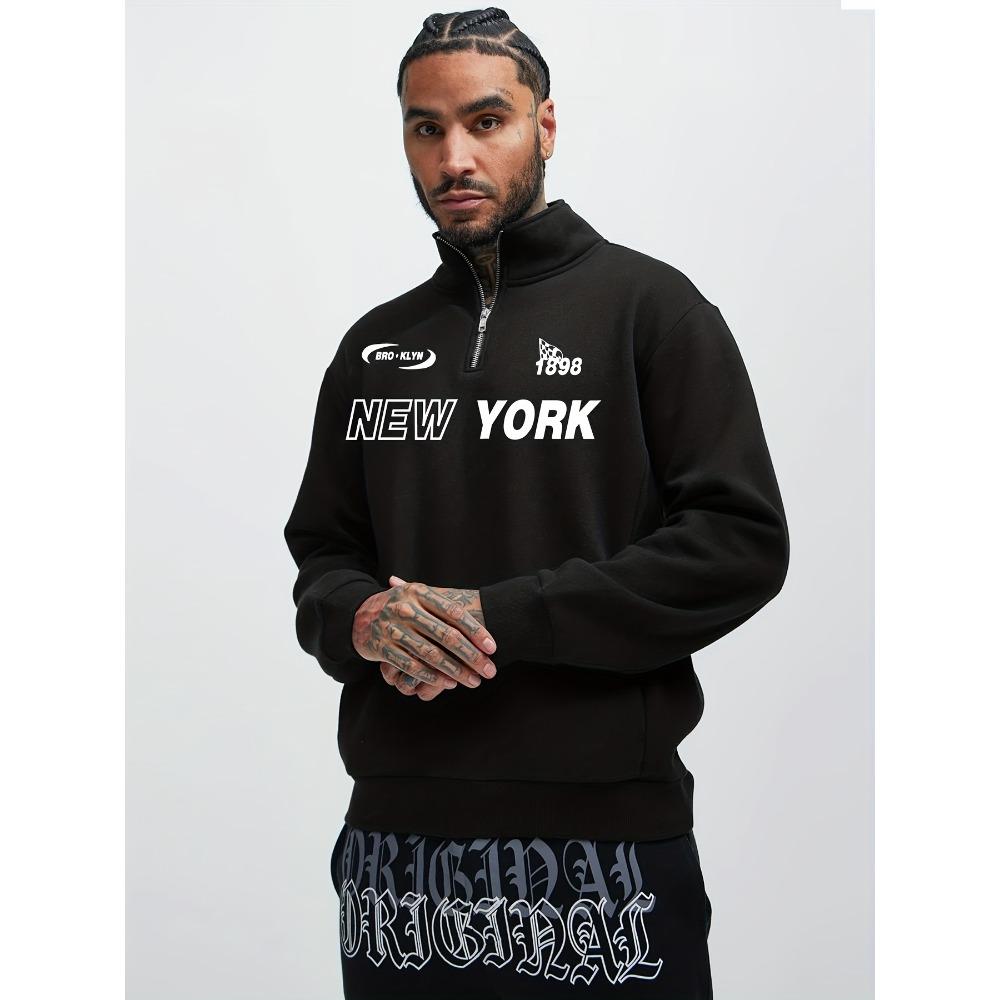 Men s Half Zipper Fashionable Printed Pattern Pullover, Suitable for Outdoor Sports and Casual Stand Up Collar Tops S чёрный