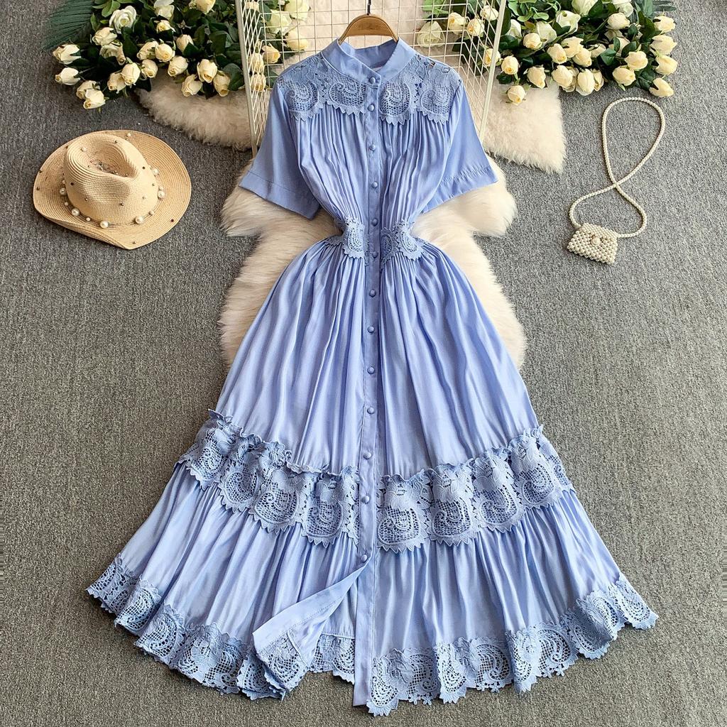 French gentle wind blue stand-up collar dress dress women's summer lace splicing waist thin ruffle edge dress