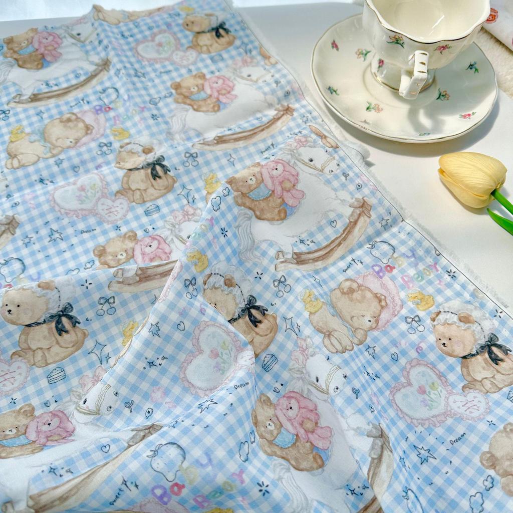 40s Cotton Digital Print Fabric: Rocking Horse Bear Plaid for Women's, Children's, and Parent-Child Home Clothing DIY Creations.