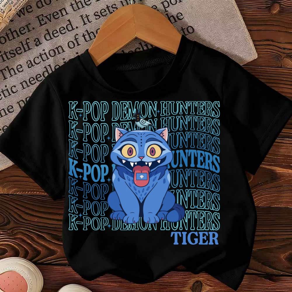 KPop Demon Hunters T-shirt for Children Cartoon Black Tee Top Girls Round Collar Short Sleeve Clothes Kids Summer Clothing Gift