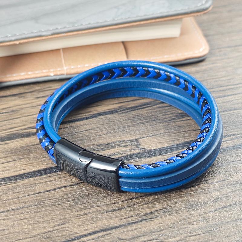 Men Bracelet Vintage Multilayer Blue Leather Stainless Steel Charm Wrist Bangle Luxury Male Jewelry Birthday Anniversary Gift