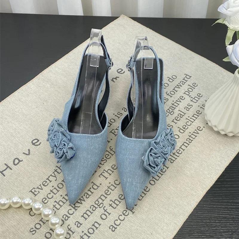 Romantické boční růžové květinové sandály s rolákovým podpatkem, dámské elegantní špičaté boty s kotěcím podpatkem, džínové jehlové boty, dámské ležérní párty boty