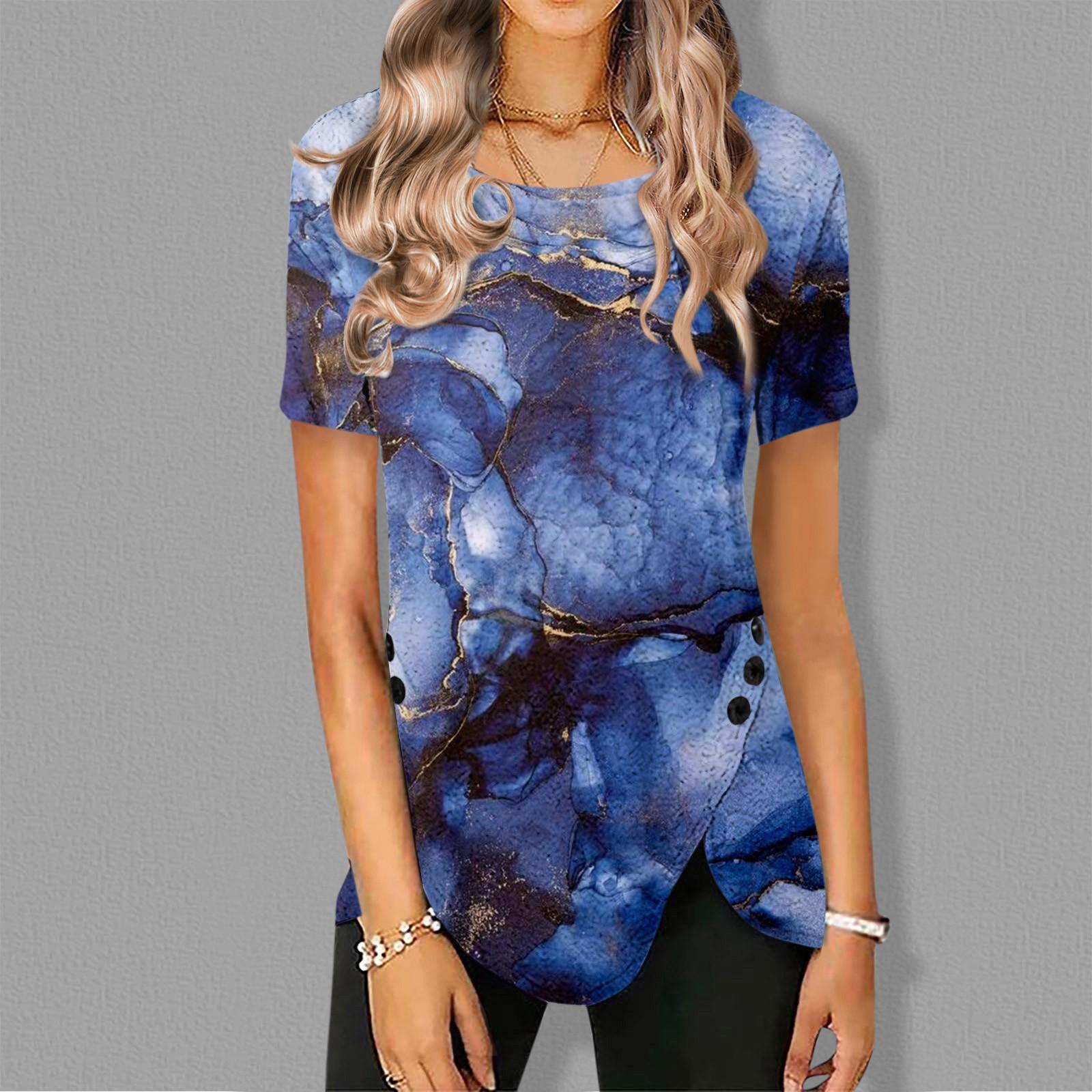 

Повседневные свободные топы с короткими рукавами, топы больших размеров, повседневные летние футболки на пуговицах для женщин XL королевский синий