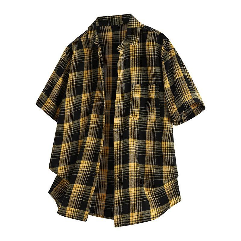 Lapel plaid shirt teenagers trendy casual cardigan short-sleeved shirt men's summer