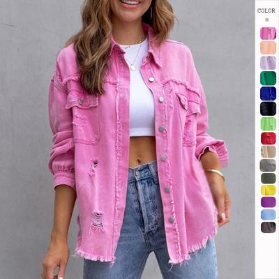 Lange zerrissene Jeansjacke mit offenen Kanten für Damen im Herbst und Winter, langärmeliges, lässiges Reversoberteil