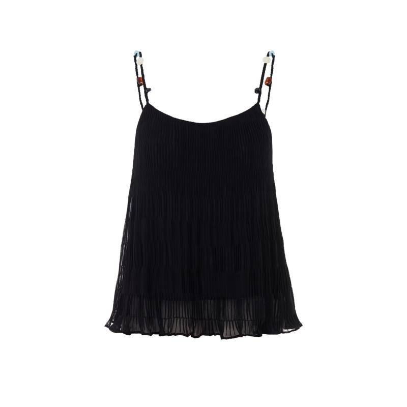 Langzi Resort Style Pleated Strappy Sleeveless Top L