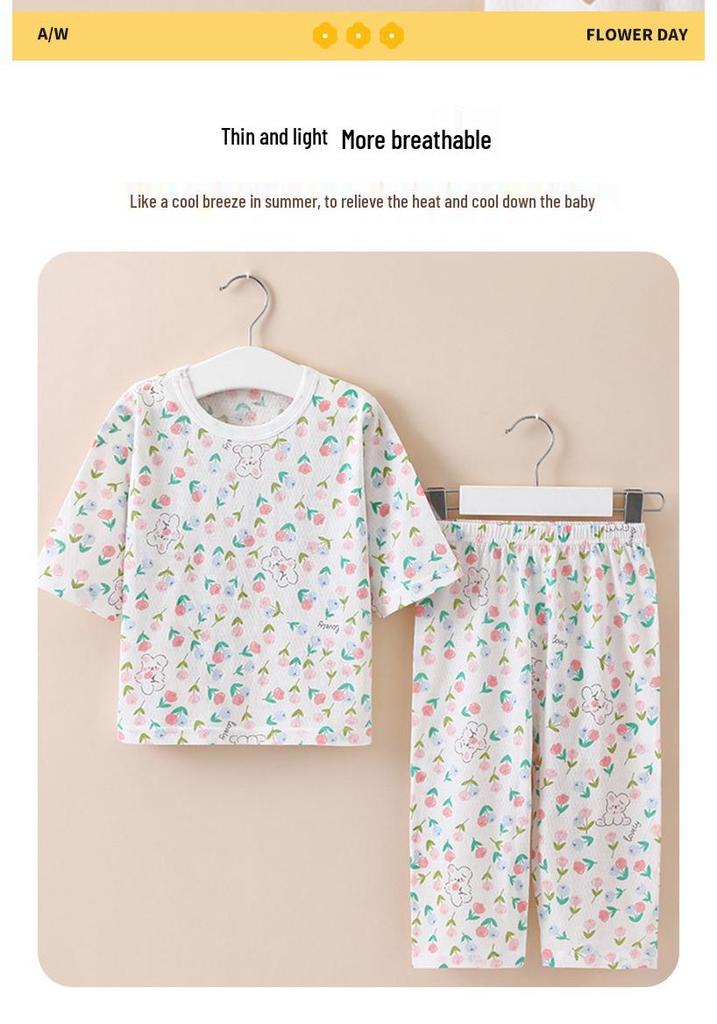 Children's Summer Cotton Pajama Set - Cartoon Print, Tagless, 3/4 Sleeves, for Air-conditioned Rooms