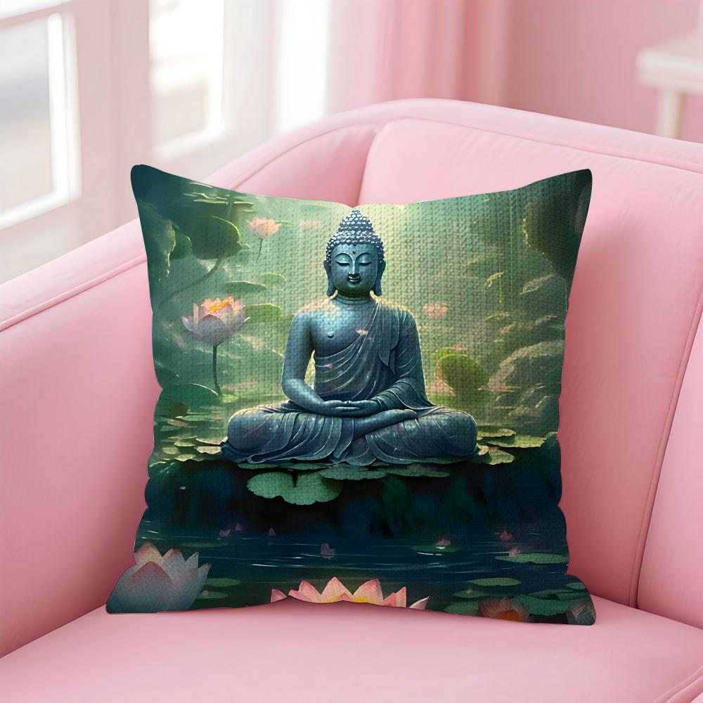 Buddha-Statue und Lotus-Kissenbezug Natürlicher Leinen-Kissenbezug Doppelseitiger Druck Dekorative Sofakissenhülle Heimdekoration Geschenk