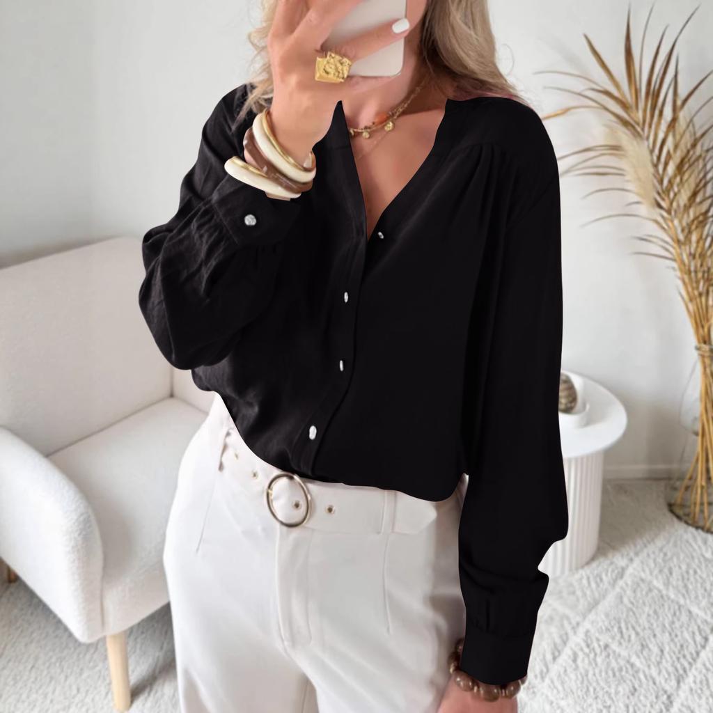 Women's Casual Loose-Fit V-Neck Button-Up Long-Sleeve Blouse With Flounce Collar