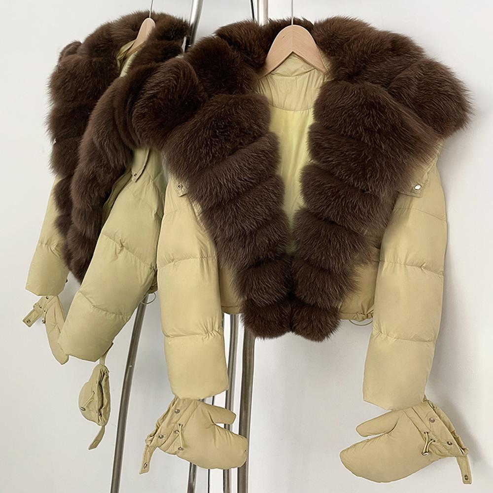 OFTBUY New Winter Top Clothes Women Short Hooded Big Real Fox Fur Down Coat Female Natural Fur Fluffy Puffer Jacket with Gloves